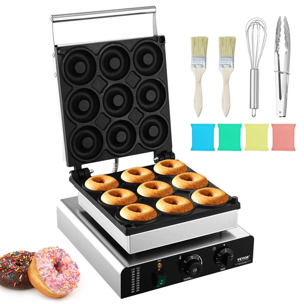 VEVOR Electric Donut Maker, 2000W Commercial Doughnut Machine with Non-stick Surface, 9 Holes Double-Sided Heating Waffle Machine Makes 9 Doughnuts, Temperature 122-572℉, for Restaurant and Home Use