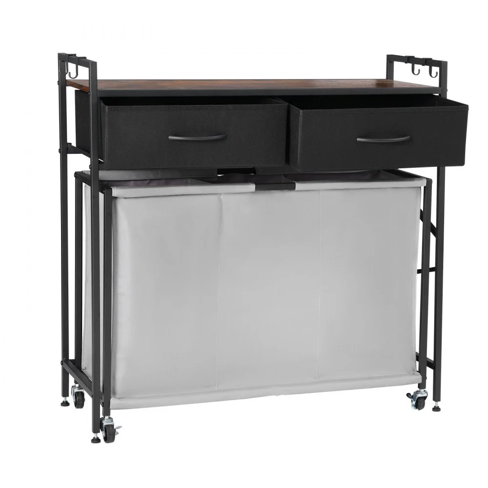 VEVOR 3 Section Laundry Sorter, Rolling Laundry Hamper with 2 Drawers, Hooks & Wheels, Rolling Basket Organizer Storage with Pull-Out Rolling Bags and Wooden Tabletop for Dirty Clothes, Bathroom