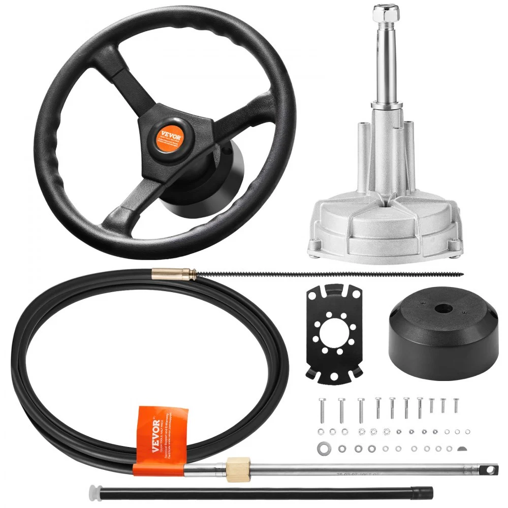 VEVOR Outboard Steering System 12' Steering Cable Marine Steering System 3/4'' Steering Shaft with 13.5 Inch Wheel Flat Interface Marine Steering Kit for Yachts and Waterborne Vehicles, Black
