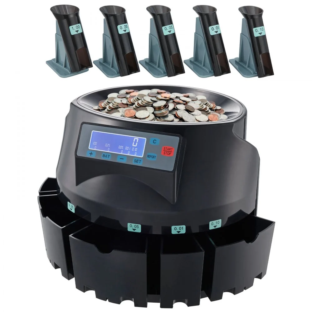 VEVOR USD Coin Counter & Coin Sorters with LCD Display, Coin Sorter Machine for USD Coin 1¢ 5¢ 10¢ 25¢ $1, Sorts up to 300 Coins/min, Change Counter Holds 2000 Coins Included 5 Coin Bins & 5 Tubes