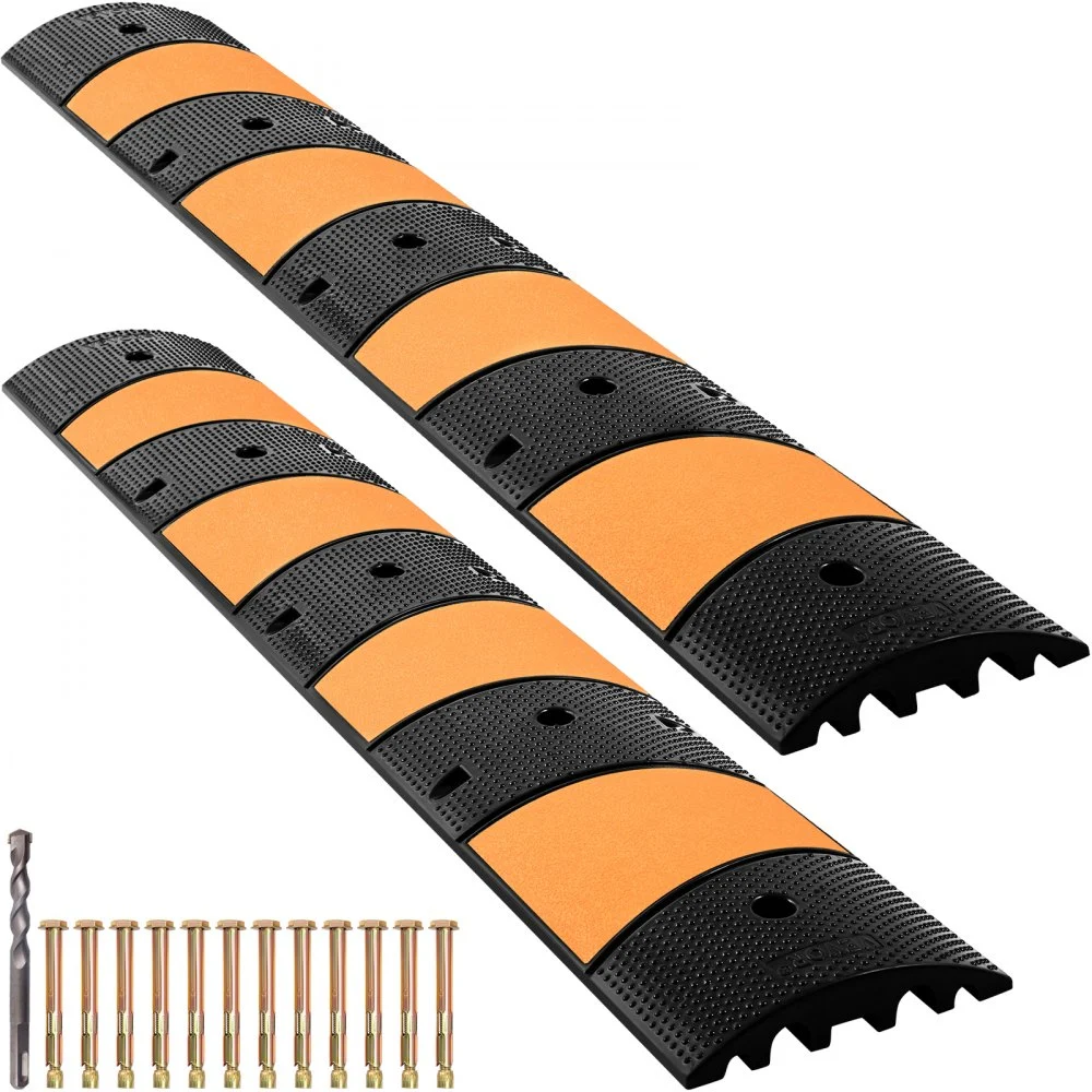 VEVOR Rubber Speed Control Hump, Dual Channel, 2 Units, 72.8" Length, Supports Up to 22000 LBS, Dimensions 72.8 x 12.2 x 2.2, Suitable for Asphalt, Concrete, and Gravel Surfaces - 6 Feet