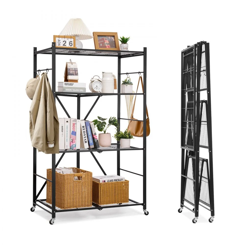 VEVOR 4-Tier Foldable Storage Shelf, 36W x 21D x 60H Inch Folding Metal Rack Shelving Unit, No Assembly Organizer Shelf with 5 Wheels & 4 Hooks for Pantry, Kitchen, Garage, Basement, Black