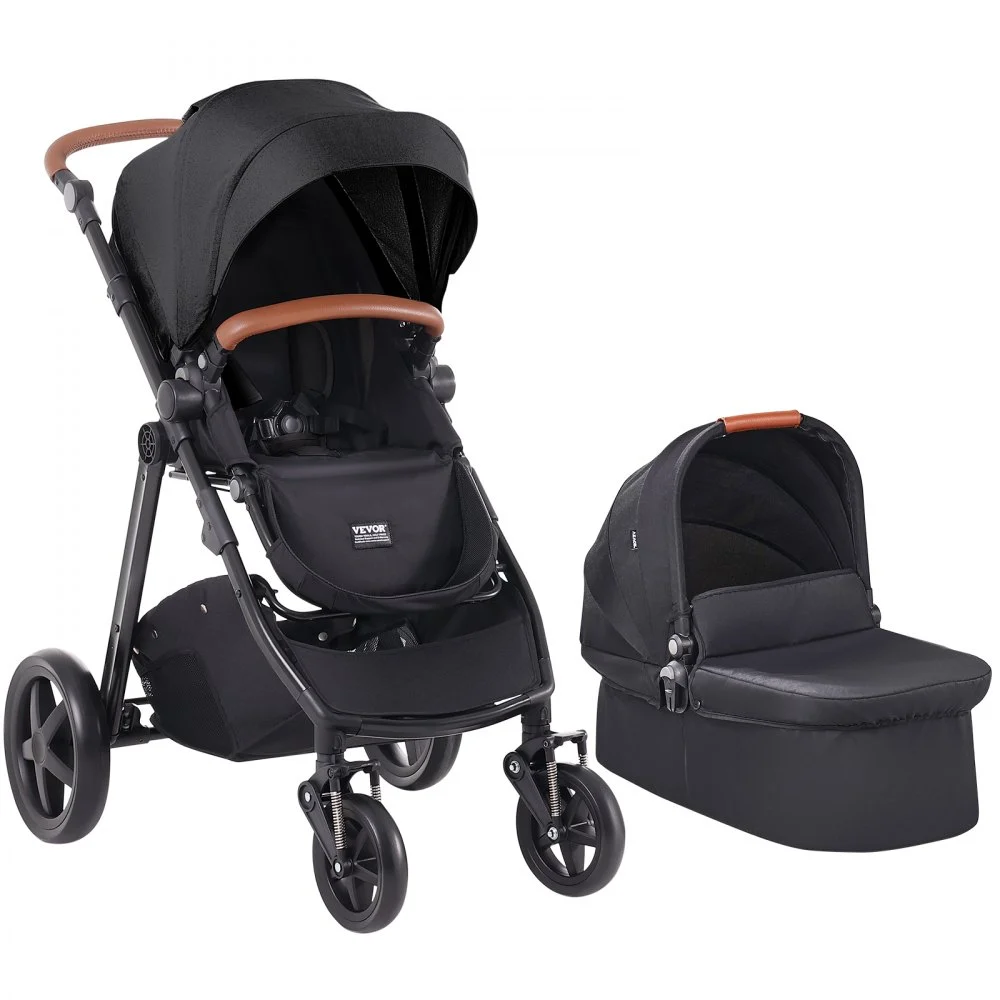 VEVOR Travel System Stroller with Infant Bassinet, 2-in-1 Baby Cradle Stroller Combo, Reversible Seat, Easy One-button Folding, EVA Tires with Brake Aluminum Stroller Carseat Combo Set (Black)