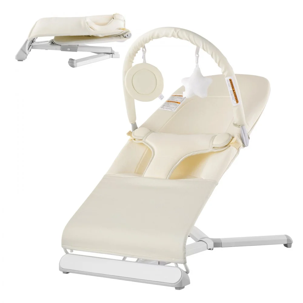 VEVOR Baby Bouncer, Folding Bouncer Seat for Babies 0-9 Months, Newborn Bouncer Chair with 2 Reclining Angles & Rotatable Toy Bar, Portable Infant Rocker with Carrying Bag for Indoors Outdoors, Beige