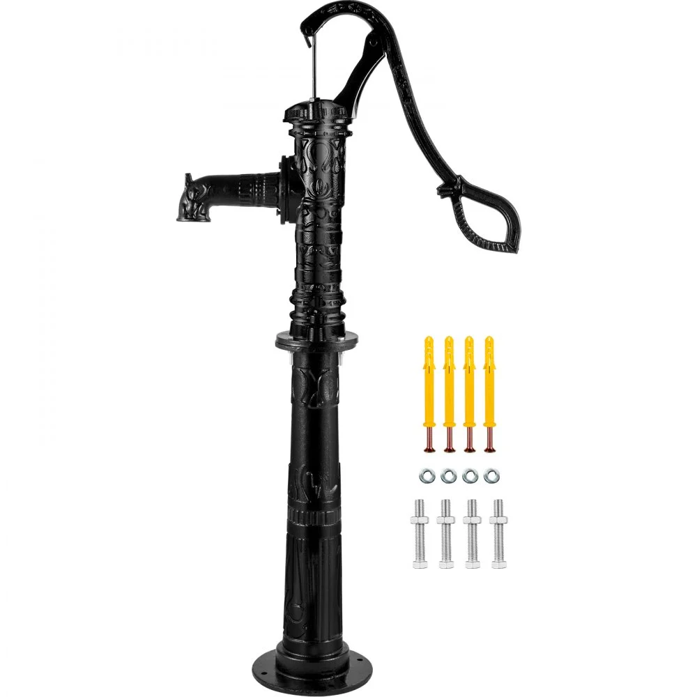 VEVOR Hand Water Pump with Stand 15.7 x 9.4 x 53.1 inch Pitcher Pump & 26 inch Pump Stand with Pre-set 1/2" Holes for Easy Installation Rustic Cast Iron Well Pump for Yard Garden Farm Irrigation Blac