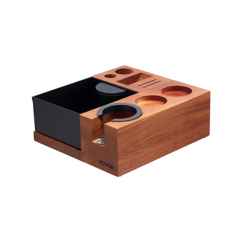 VEVOR Espresso Tamping Station, Sapele Wood, 9-in-1 Multifunctional Tamping Station with Detachable Slot, Easy to Clean Espresso Knock Box with Non-Slip Base, Fits for 51-58 mm Handles