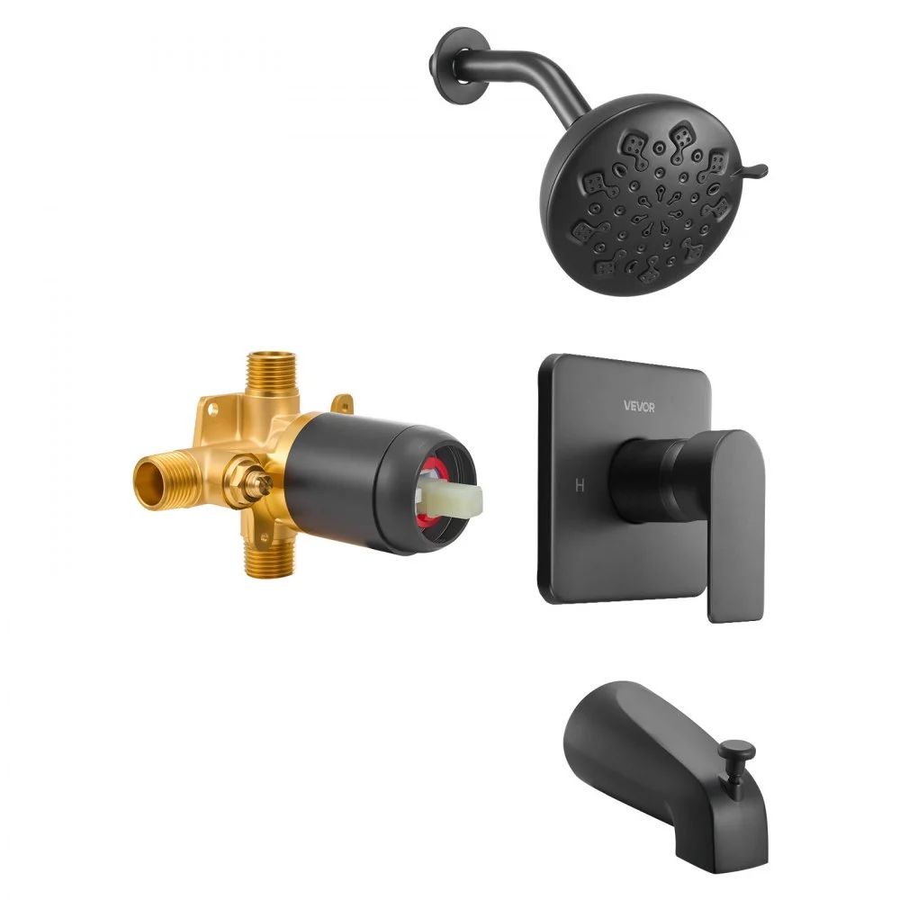 VEVOR Tub and Shower Faucet Set, 5-Inch Rainfall Shower Head and Bathtub Spout, Complete Single-Handle Tub Trim Kit with Brass Pressure Balancing Valve, 8-Setting Adjustable Spray Modes, Matte Black