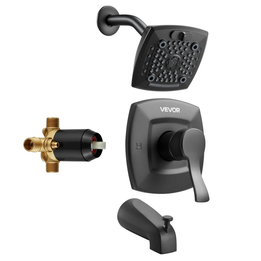 VEVOR Tub and Shower Faucet Set, Complete with 5.1-Inch Rainfall Shower Head and Bathtub Spout, 5-Setting Adjustable Spray, Single-Handle Tub Trim Kit with Brass Pressure Balancing Valve, Matte Black