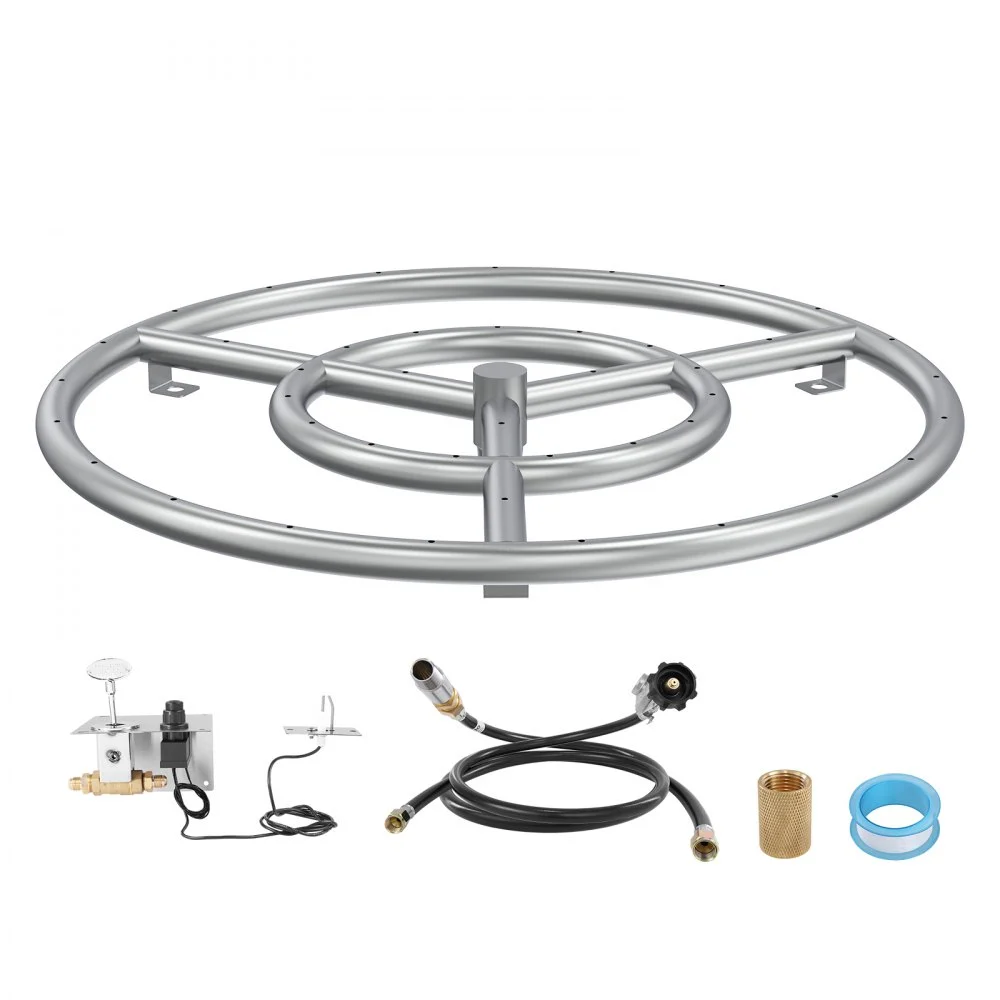 VEVOR 18 inch Round Stainless-Steel Fire Pit Burner Ring, Drop-in Fire Pit Ring Burner Kit for Natural Gas & Propane - with 150,000 BTU Heat Output for Indoor/Outdoor Use