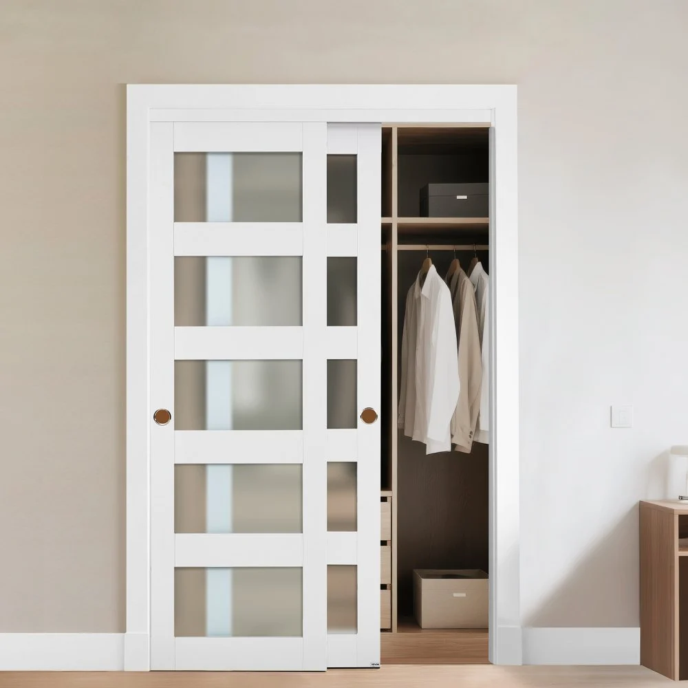 VEVOR Sliding Closet Door, 48" (Double 25") x 80", 5-Lite Frosted Glass Bypass Sliding Doors with Hardware Kit & Floor Guide, Solid Wood & MDF Slab with Waterproof PVC Surface for Closets Bedrooms