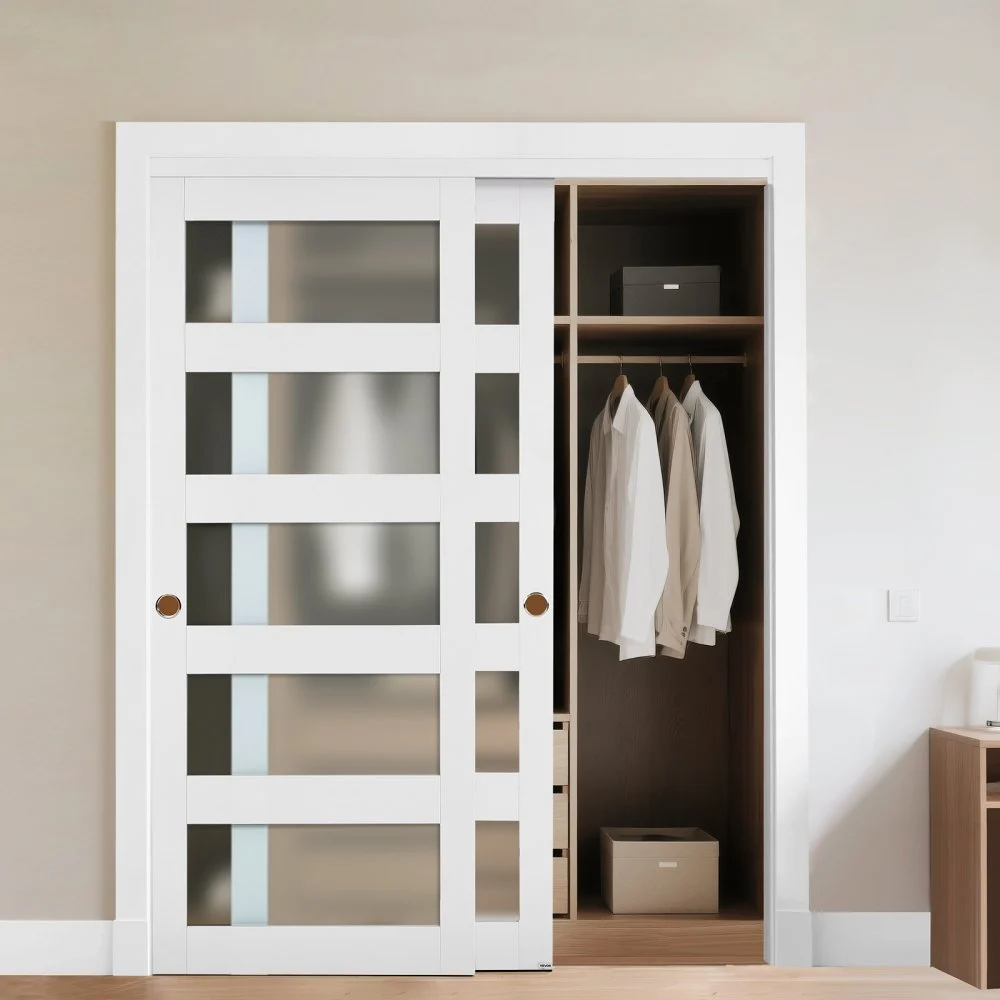 Summer Sale

        
               VEVOR Sliding Closet Door, 60" (Double 31") x 80", 5-Lite Frosted Glass Bypass Sliding Doors with Hardware Kit & Floor Guide, Solid Wood & MDF Slab with Water-Proof PVC Surface for Closets Bedrooms