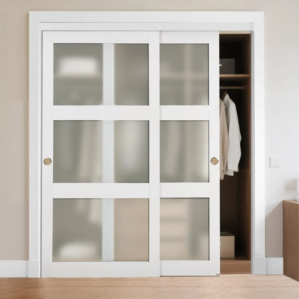 VEVOR Sliding Closet Door, 72" (Double 37") x 80", 3-Lite Frosted Glass Bypass Sliding Doors with Hardware Kit & Floor Guide, Solid Wood & MDF Slab with Water-Proof PVC Surface for Closets Bedrooms