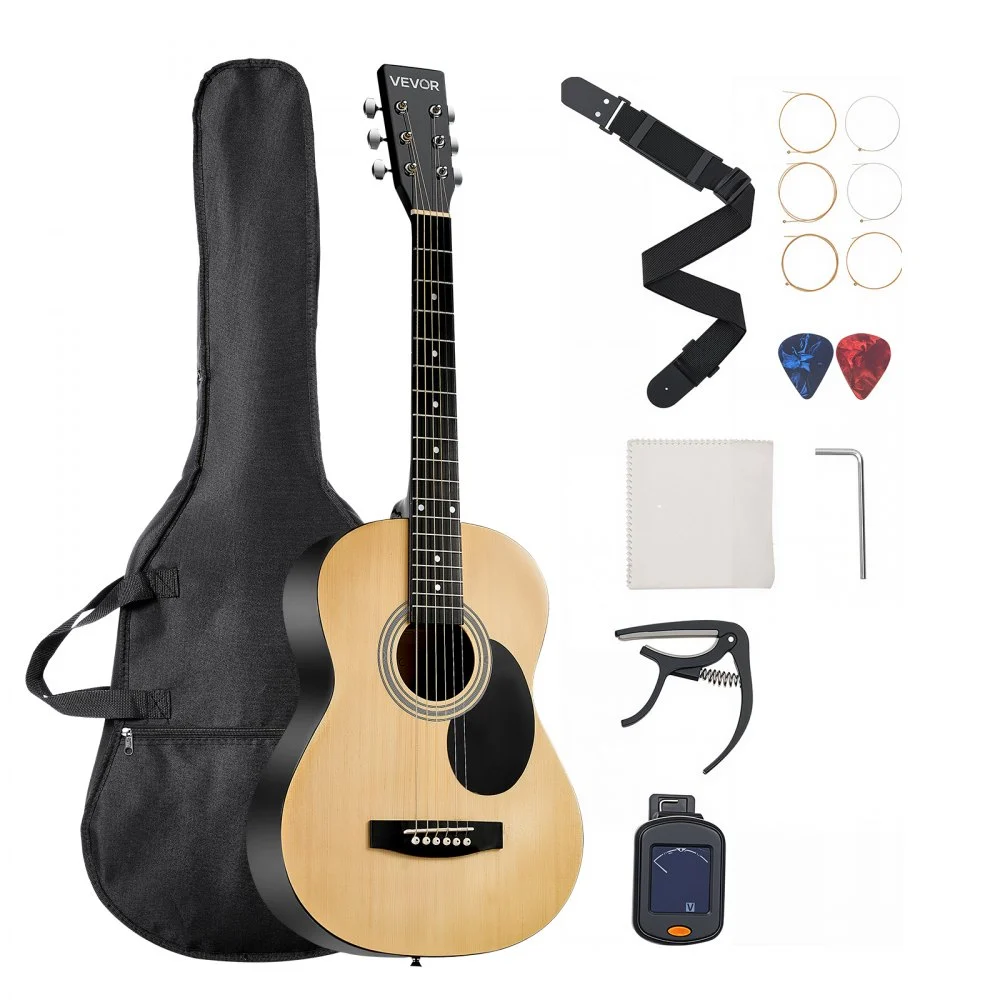 VEVOR Dreadnought Acoustic Guitar, 39 in, 6-String Natural Solid Spruce Top Guitar, Portable Bundle with Gig Bag, Tuner, Strap, Steel Strings, Picks, Capo, Rosewood Fingerboard, for Beginner Adults