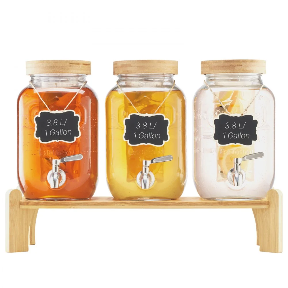 VEVOR Beverage Dispenser, 3 Pack 1 Gallon Drink Dispensers for Parties, Glass Juice Dispenser with Wood Stand, Stainless Steel Spigot, Infuser, Iced Tea Lemonade Juice Water Dispensers for Parties