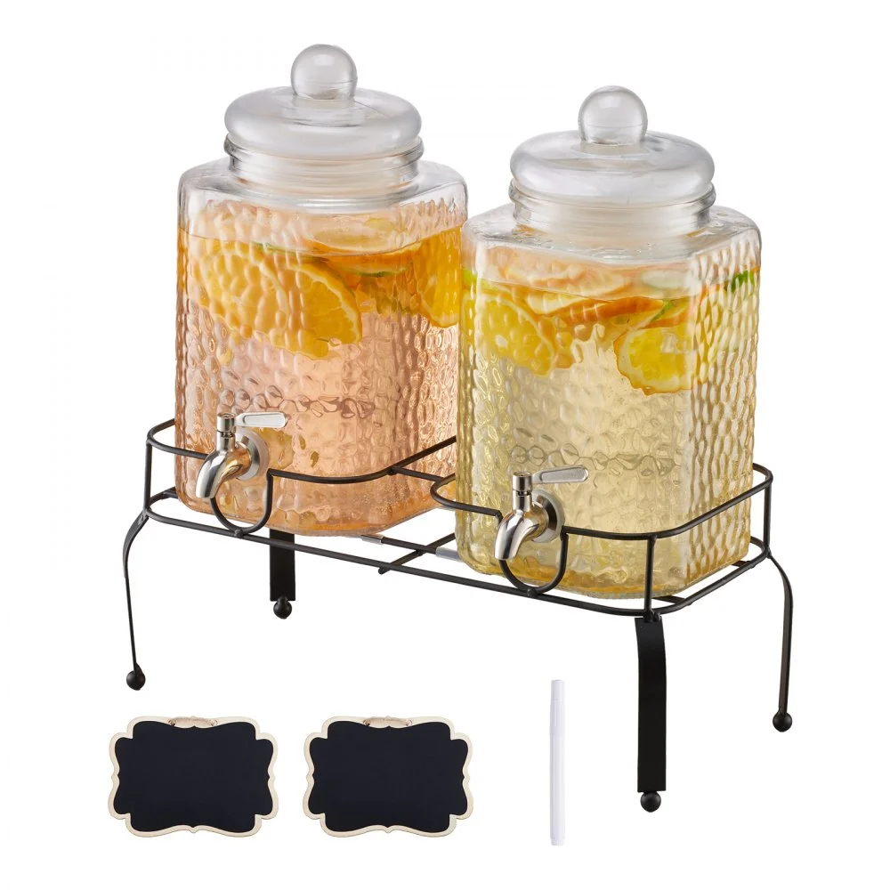 VEVOR Beverage Dispenser, 2 Pack 1.5 Gallon Drink Dispensers for Parties, Glass Juice Dispenser with Metal Stand, Stainless Steel Spigot, Iced Tea Lemonade Juice Water Dispensers for Parties