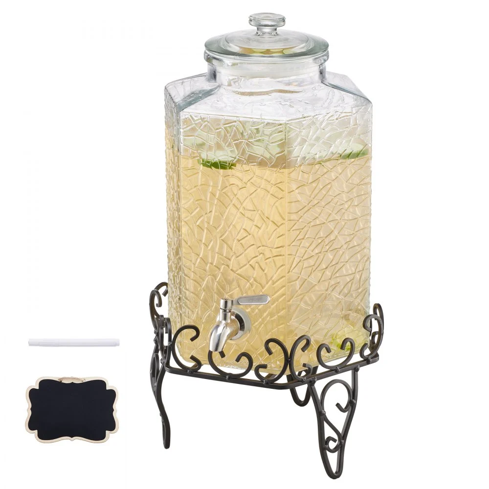VEVOR Beverage Dispenser, 2.5 Gallon Drink Dispensers for Parties, Glass Juice Dispenser with Metal Stand, Stainless Steel Spigot, Iced Tea Lemonade Juice Water Dispensers for Parties