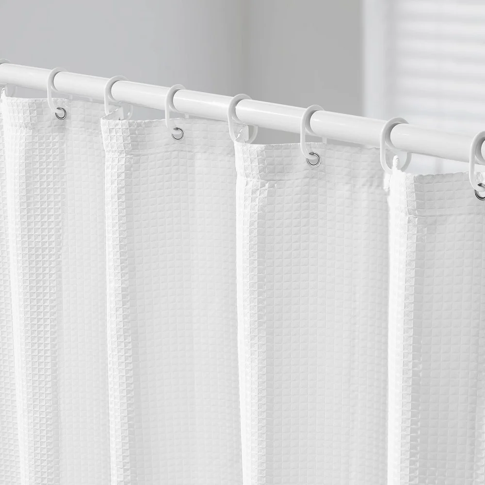 VEVOR White Fabric Shower Curtain, 240 GSM Weighted Waffle Shower Curtains, Polyester Curtain with Rust-Resistant Hooks, Machine Washable & Water Repellent, for Bathroom Showers, Bath Tubs, 72x72 in