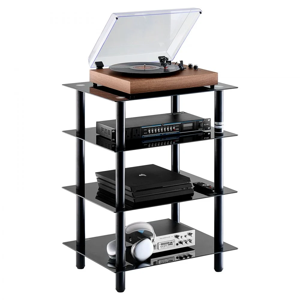 VEVOR 4-Tier AV Media Stand, Audio/Video Stand with Strengthened Tempered Glass Shevles for DVD/Cable Boxes/Games Consoles, Media Storage Cabinet for Gaming/Recording Room