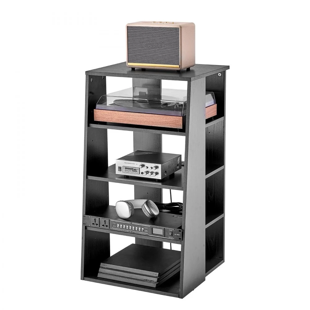 VEVOR 5-Tier AV Media Stand, Wooden Audio-Video Media Stand for DVD Players/Cable Boxes/Games Consoles, Height-Adjustable Media Storage Cabinet for Gaming, Recording Room, Black