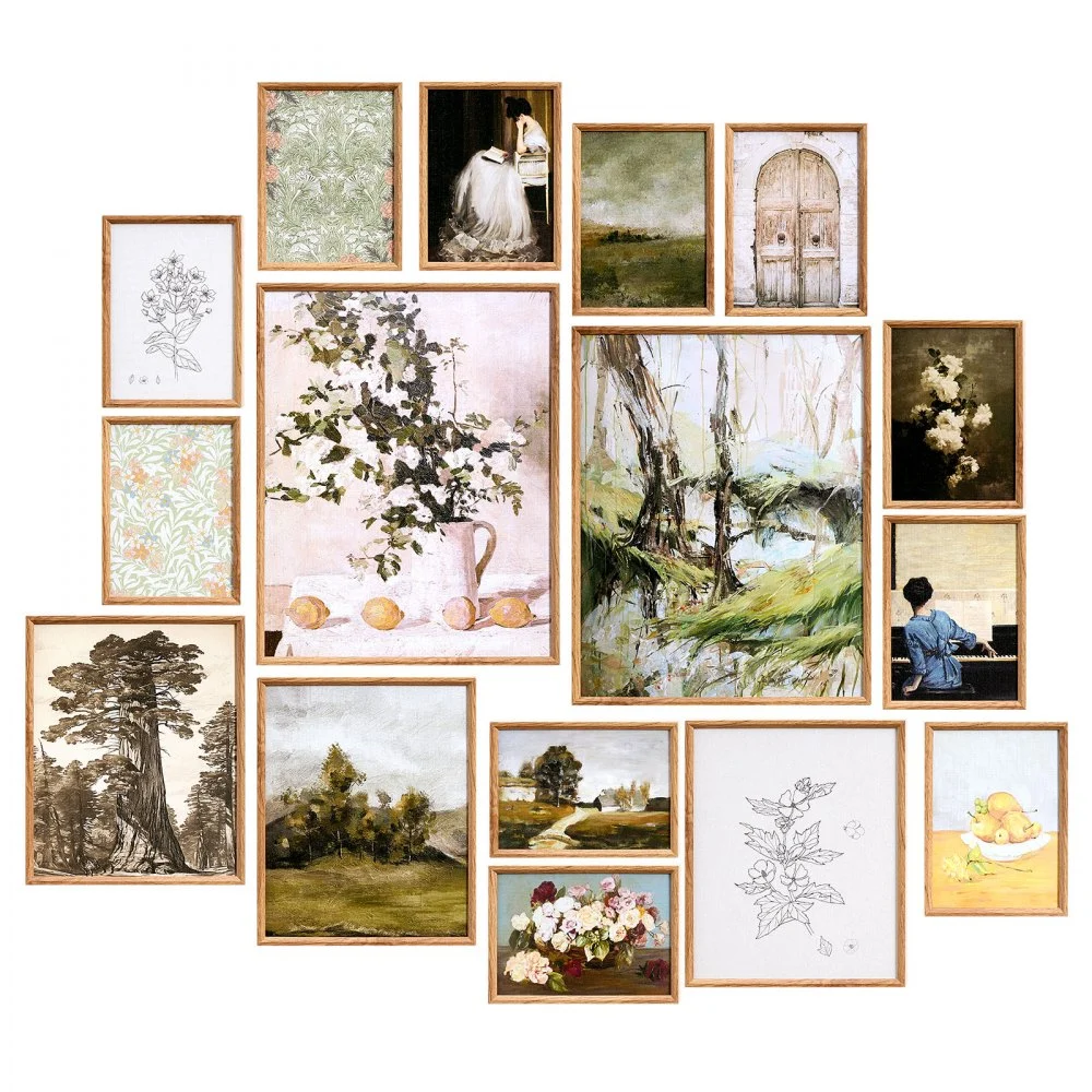 VEVOR 16 PCS Framed Wall Art Prints, Vintage Eclectic Art Decor, Gallery Wall Prints with 3 Sizes for Flexible Combinations, High Gloss & Low-Solubility Canvas, for Living Room, Bedroom, Bathroom