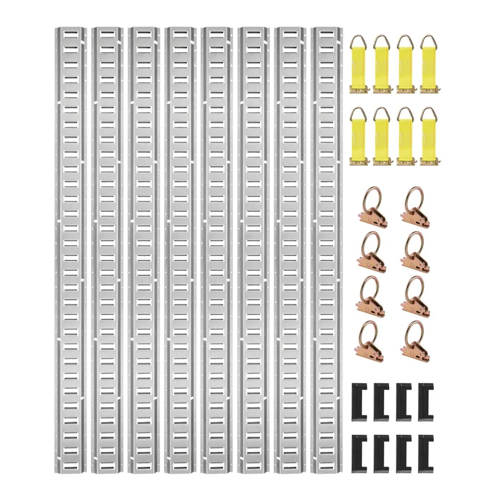 VEVOR E Track Tie-Down Rail Kit, 32PCS 5' E-Tracks Set Includes 8 Steel Rails & 8 O-Rings & 8 Tie-Offs with D-Ring & 8 End Caps, Trailer Securing Accessories for Cargo Motorcycles Bikes, 1500 lbs Load