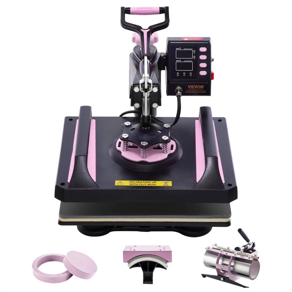 VEVOR Heat Press Machine, 12 x 15 inch, 5 in 1 Heat Transfer Machine with 30 oz Tumbler Press, 360° Swing Away Digital T-Shirt Pressing, Teflon Coating, for T-Shirts/Mugs/Hats/Plates, Black+Pink