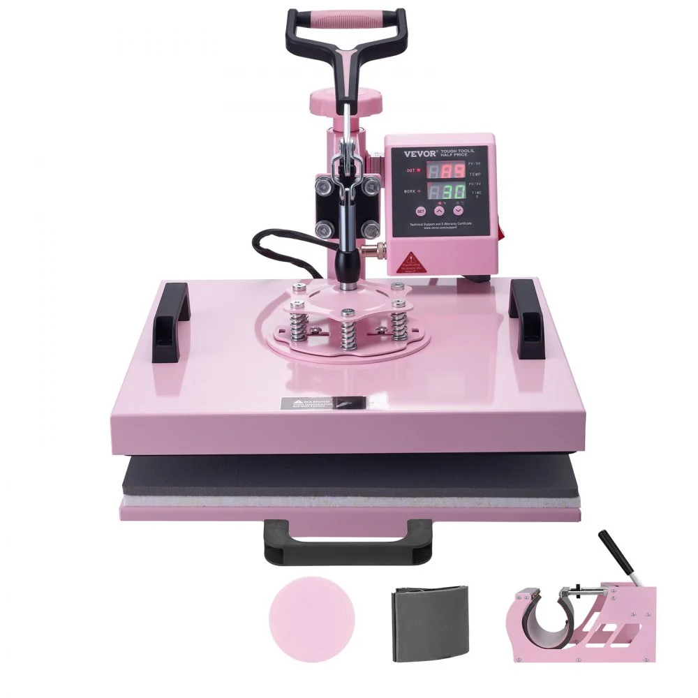 VEVOR Heat Press Machine, 15 x 15 inch, 5 in 1 Heat Transfer Machine with 30 oz Tumbler Press, 360° Swing Away T-Shirt Pressing, Digital Precise Control, for T-Shirts/Mugs/Hats/Plates, Pink