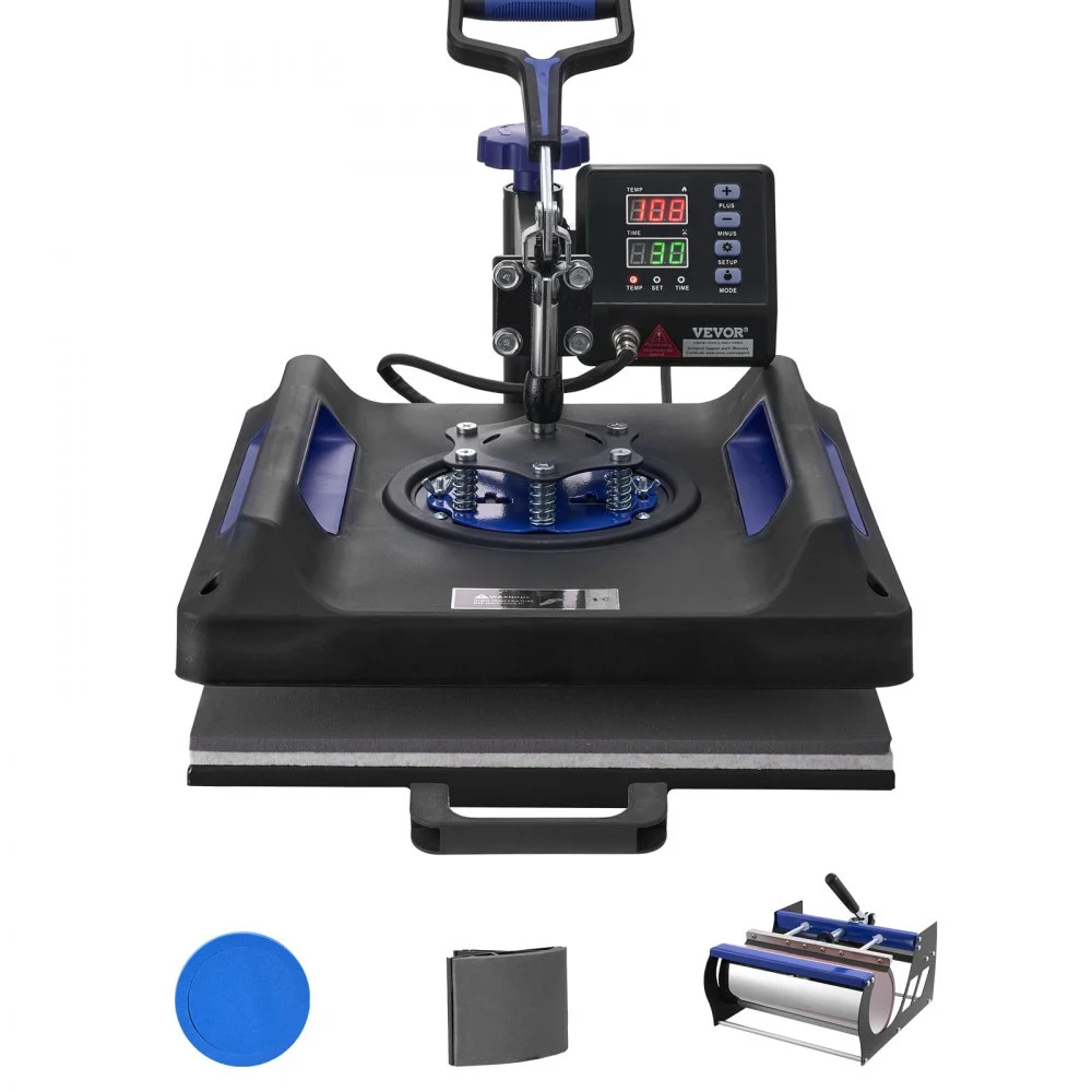 Summer Sale
VEVOR Heat Press Machine, 15 x 15 inch, 5 in 1 Heat Transfer Machine with 30 oz Tumbler Press, 360° Swing Away Digital T-Shirt Pressing, Teflon Coating, for T-Shirts/Mugs/Hats/Plates, Black+Blue