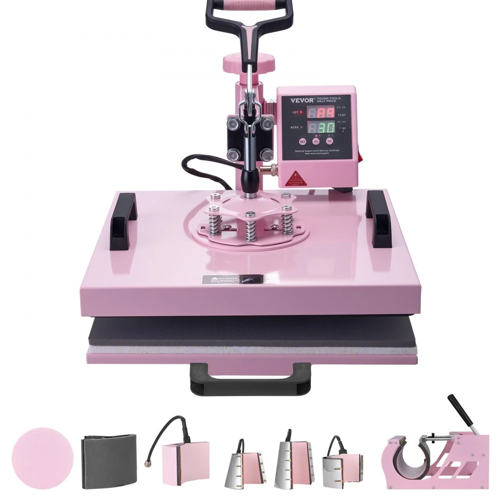Summer Sale
VEVOR Heat Press Machine, 15 x 15 inch, 8 in 1 Heat Transfer Machine with 6-30 oz Tumbler Press, 360° Swing Away T-Shirt Pressing, Digital Precise Control, for T-Shirts/Mugs/Hats/Plates, Pink