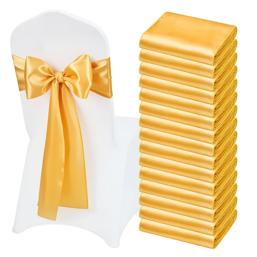 VEVOR Satin Chair Sashes Bows, 50PCS Chair Ribbon Ties Back Sash, 7 x 108 inch, Gold Wedding Reception Decoration, for Wedding Ceremony Baby Shower Party Events Banquet Chair Cover Decoration