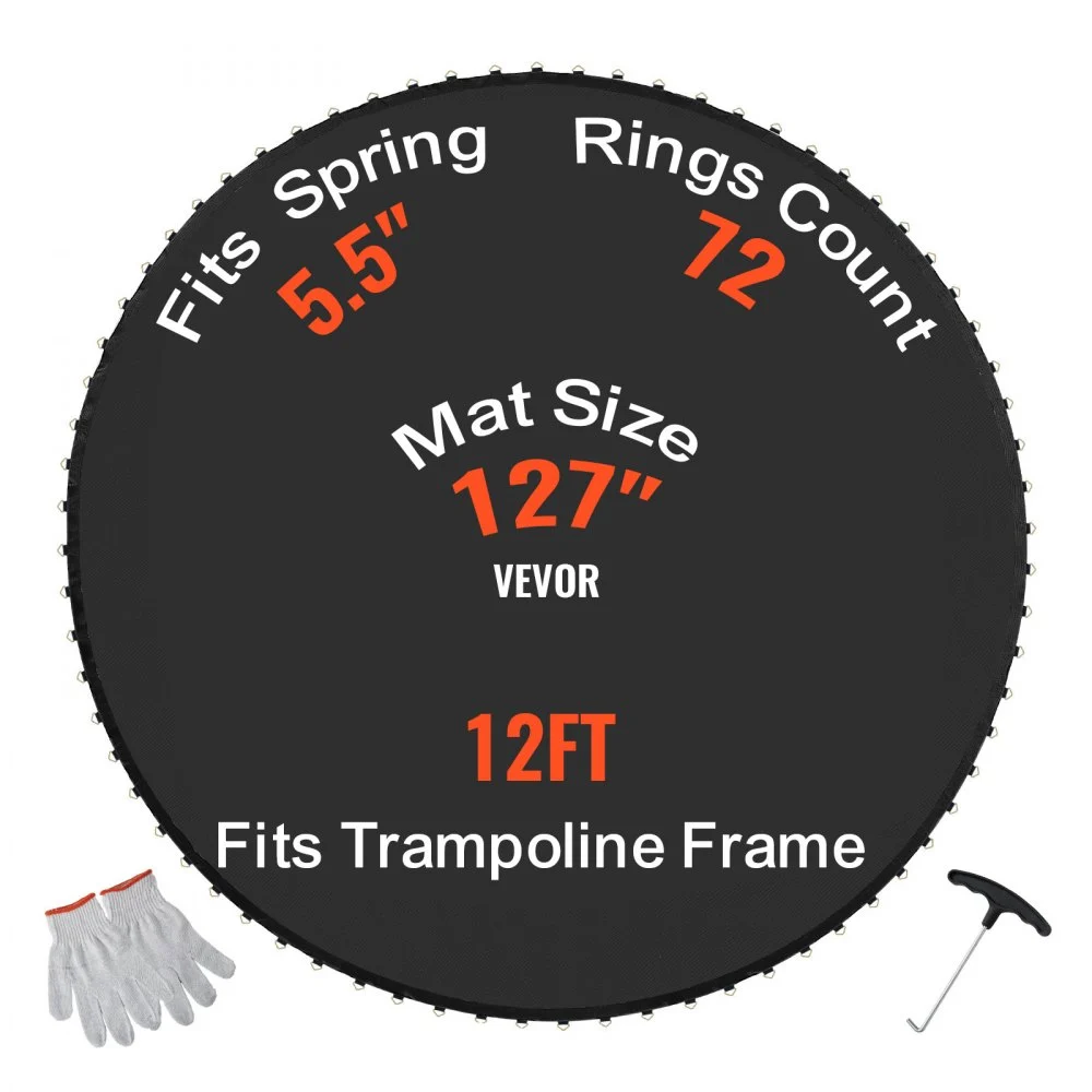 VEVOR Replacement Trampoline Mat, Jumping Mat Fits 12ft Frame, Universal Jumping Mat for 12ft Round Trampoline, Reinforce UV-Resistant Mat with Spring Tool & Durable V-Rings, Fit 5.5" Spring Length