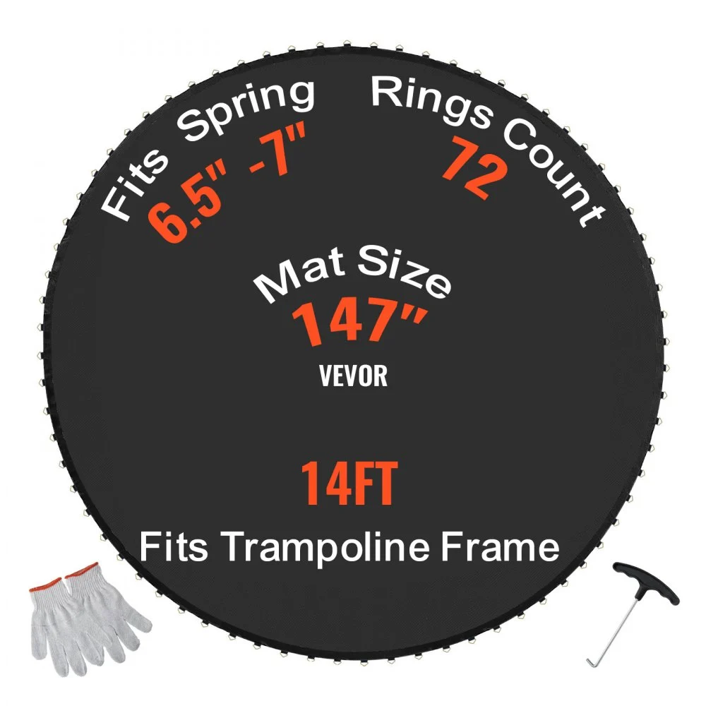 VEVOR Replacement Trampoline Mat, Jumping Mat Fits 14ft Frame, Universal Jumping Mat for 14ft Round Trampoline, Reinforce UV-Resistant Mat with Spring Tool & Durable V-Rings, Fit 6.5"-7" Spring Length