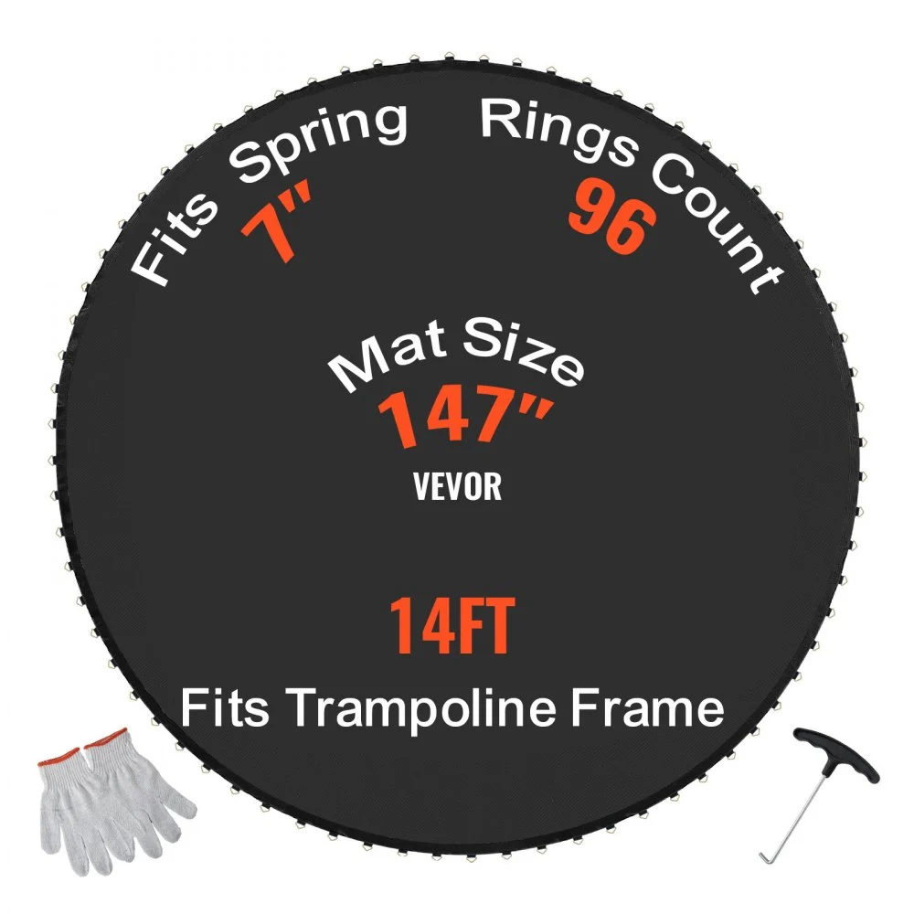 VEVOR Replacement Trampoline Mat, Jumping Mat Fits 14ft Frame, Universal Jumping Mat for 14ft Round Trampoline, Reinforce UV-Resistant Mat with Spring Tool & Durable V-Rings, Fit 7" Spring Length