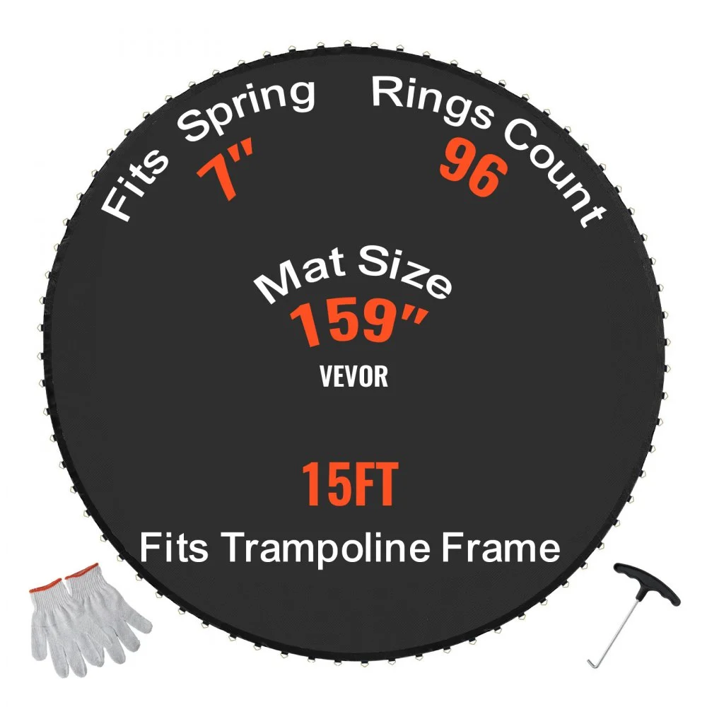 VEVOR Replacement Trampoline Mat, Jumping Mat Fits 15ft Frame, Universal Jumping Mat for 15ft Round Trampoline, Reinforce UV-Resistant Mat with Spring Tool & Durable V-Rings, Fit 7" Spring Length