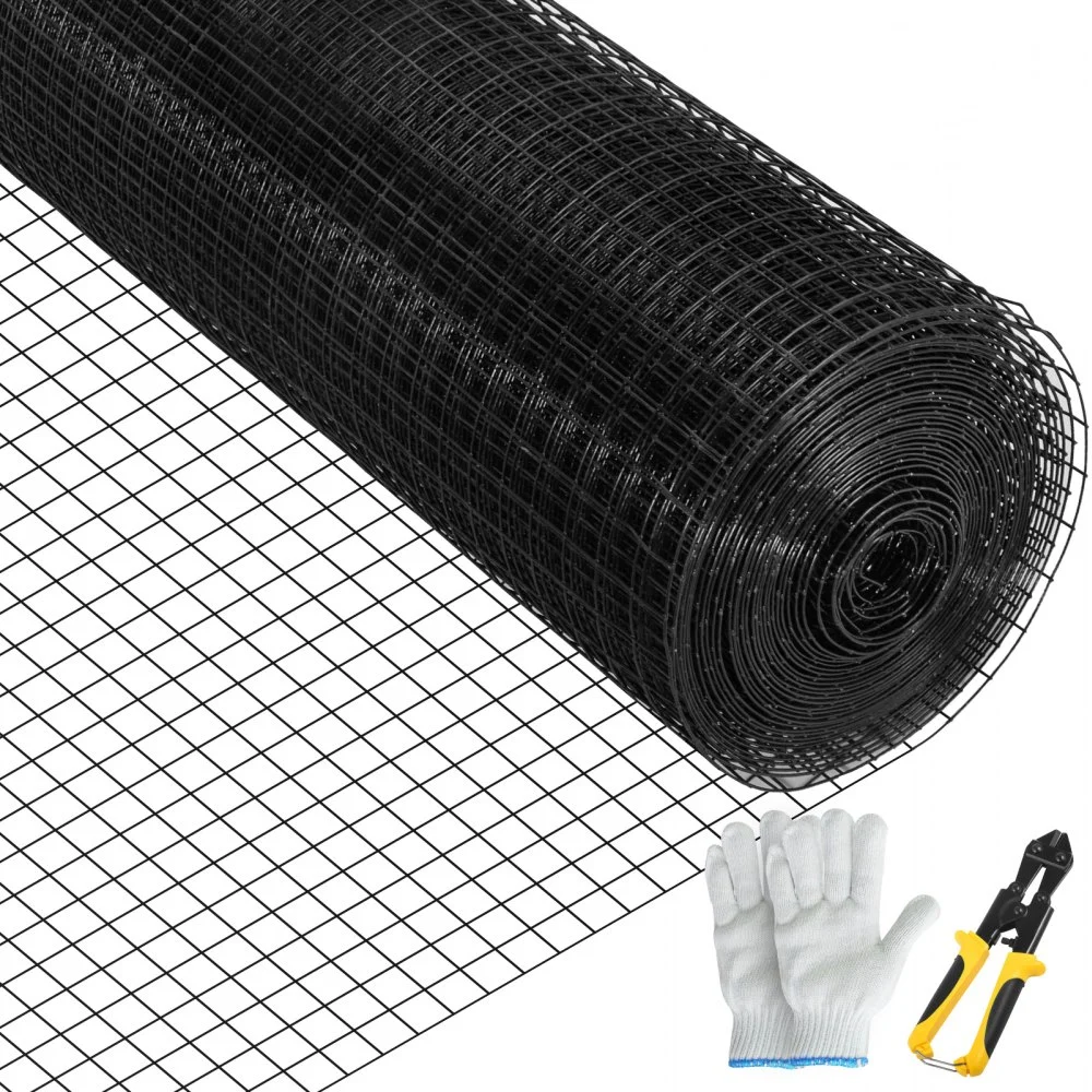 VEVOR Hardware Cloth, 24" x50' & 1"x1" Mesh Size, Galvanized Steel Vinyl Coated 16 Gauge Welded Wire with A Cutting Plier & A Pair of Fabric Gloves, for Garden Fencing & Pet Enclosures, Black