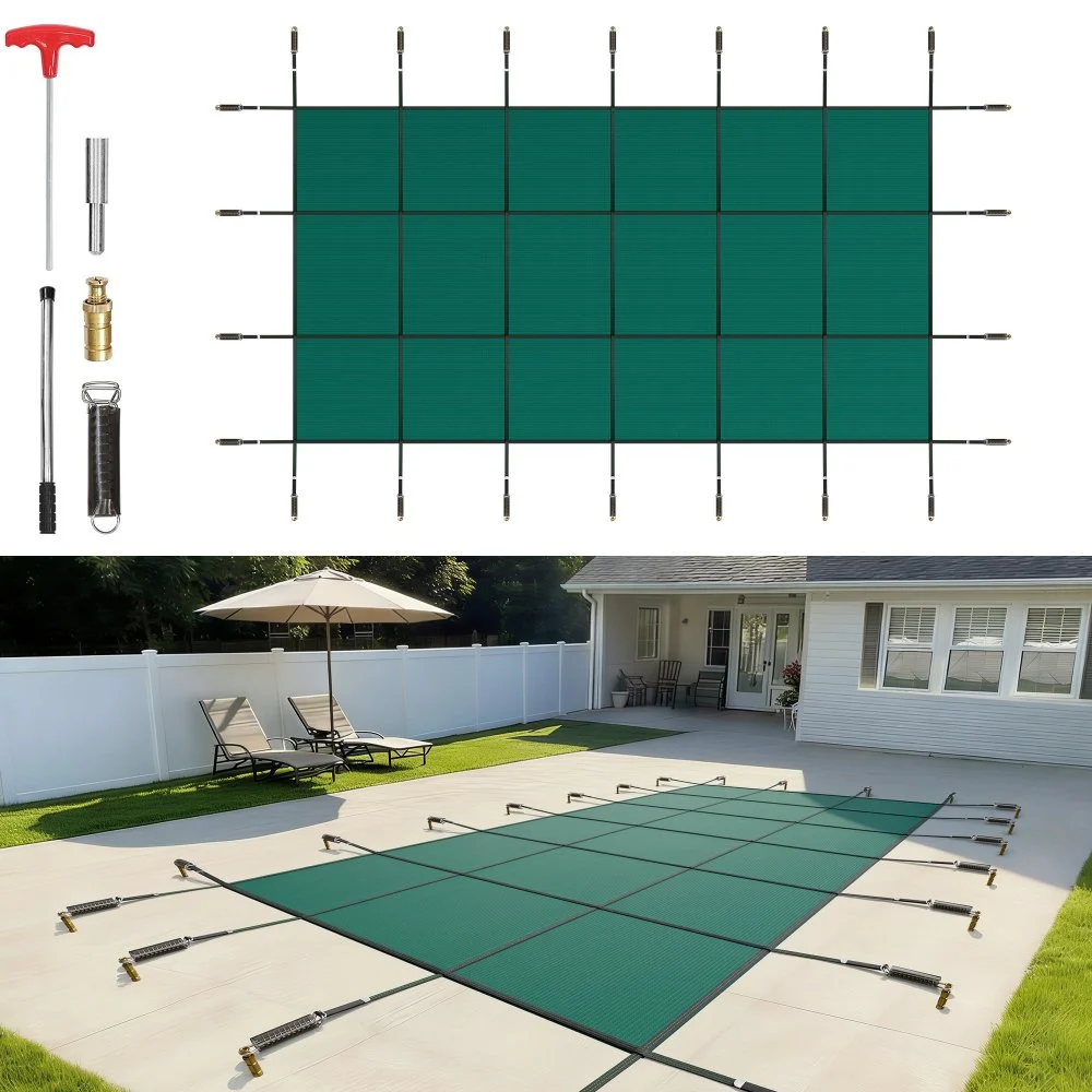 VEVOR Inground Pool Safety Cover, 16 ft x 30 ft Rectangular Winter Pool Cover, Triple Stitched, High Strength Mesh PP Material with Good Rain Permeability, Installation Hardware Included, Green