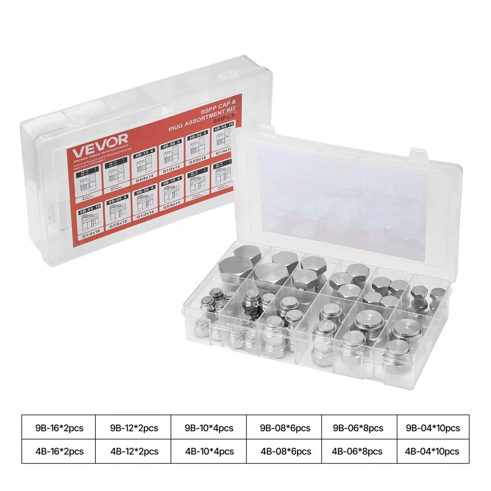 VEVOR 64 PCS BSPP Hydraulic Fittings, Hydraulic Cap and Plug Kit with Precision Threading, Galvanized Steel Heavy Duty Hydraulic Fitting Adapter Kit, Dash Sizes 04/06/08/10/12/16