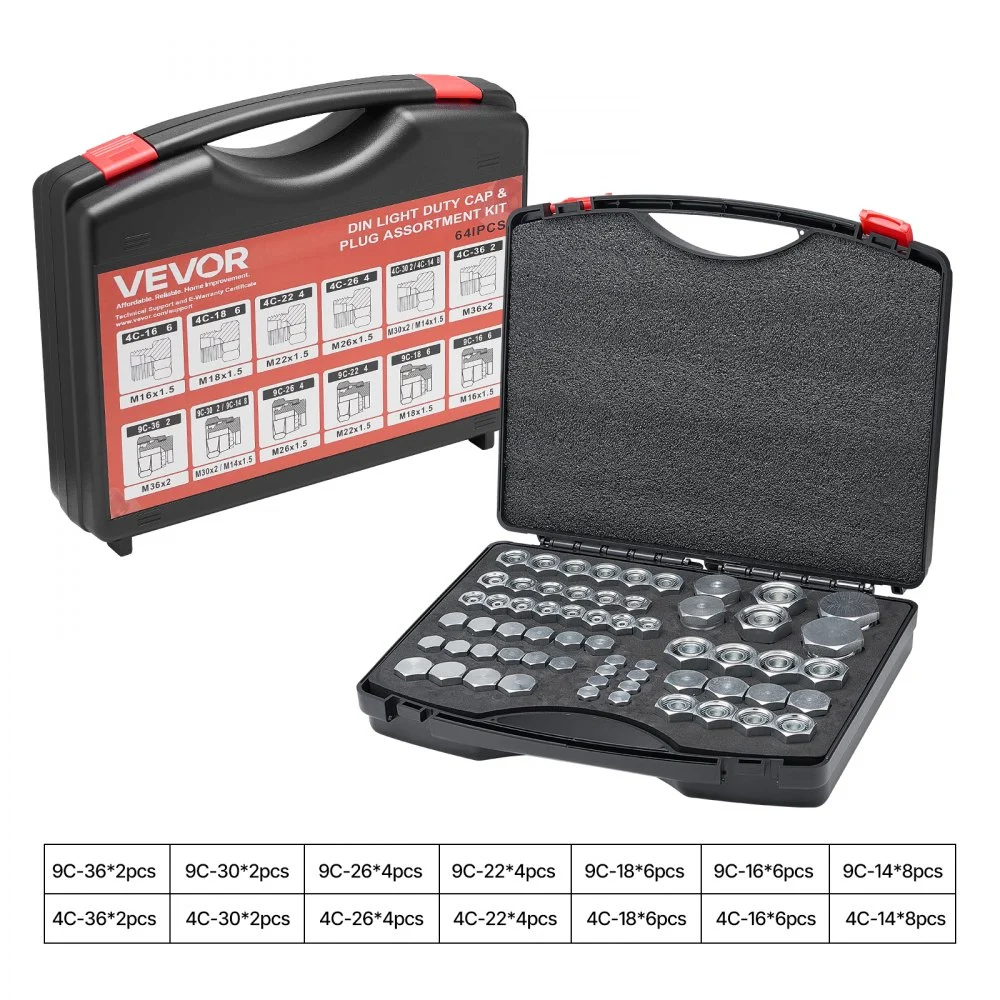 VEVOR 64 PCS DIN Hydraulic Fittings, Heavy Duty Master Industrial Hydraulic Cap and Plug, Hose Tube and Pipe Fitting Kit, Cap and Plug Kit with Precision Threading, Dash Sizes 14/16/18/22/26/30/36