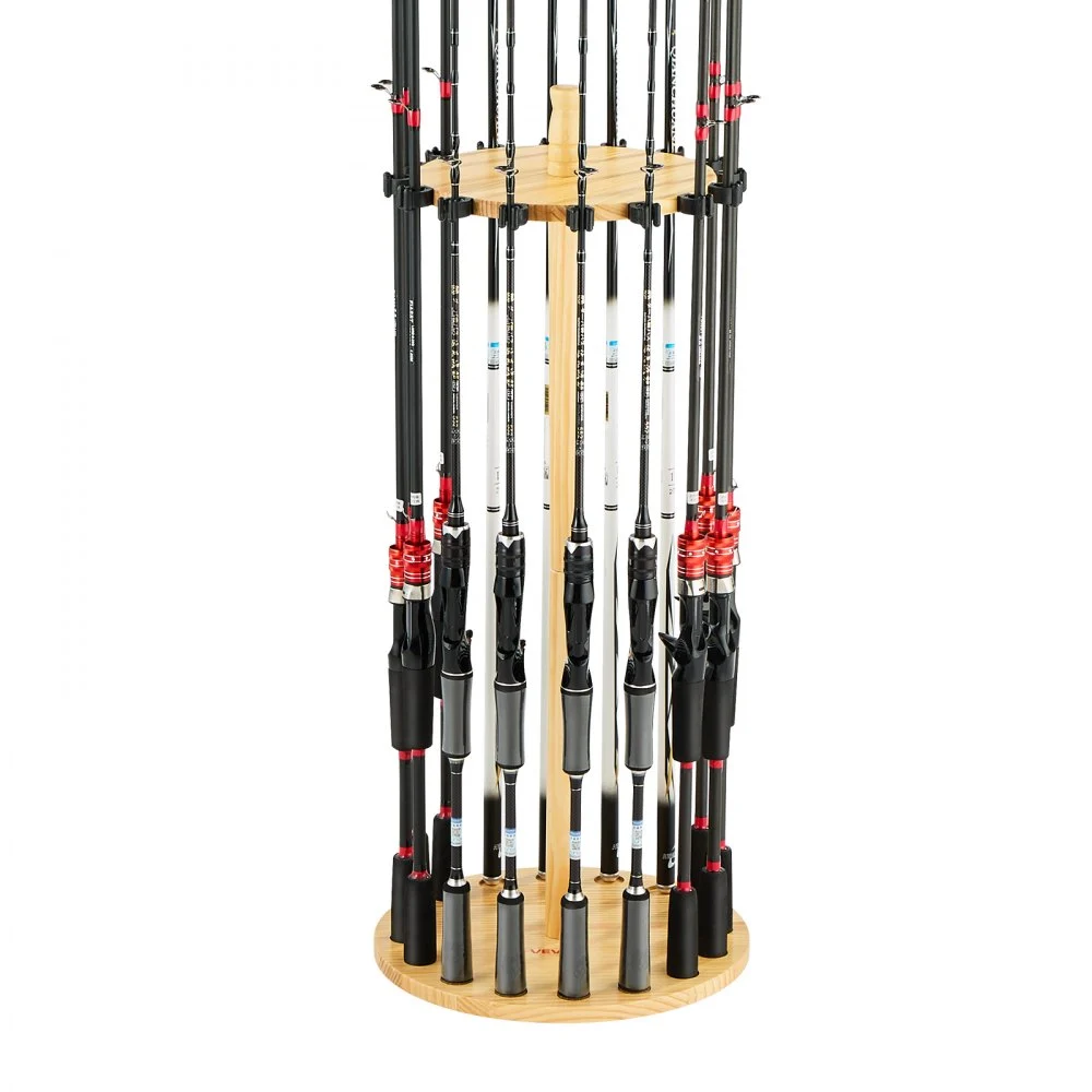 VEVOR Fishing Rod Holders for 16 Fishing Poles, Wood Round Fishing Rods Rack for Garage Organization and Storage, Floor Stand Space-Saving Equipment, for Reels Gear Accessories, Gifts for Men