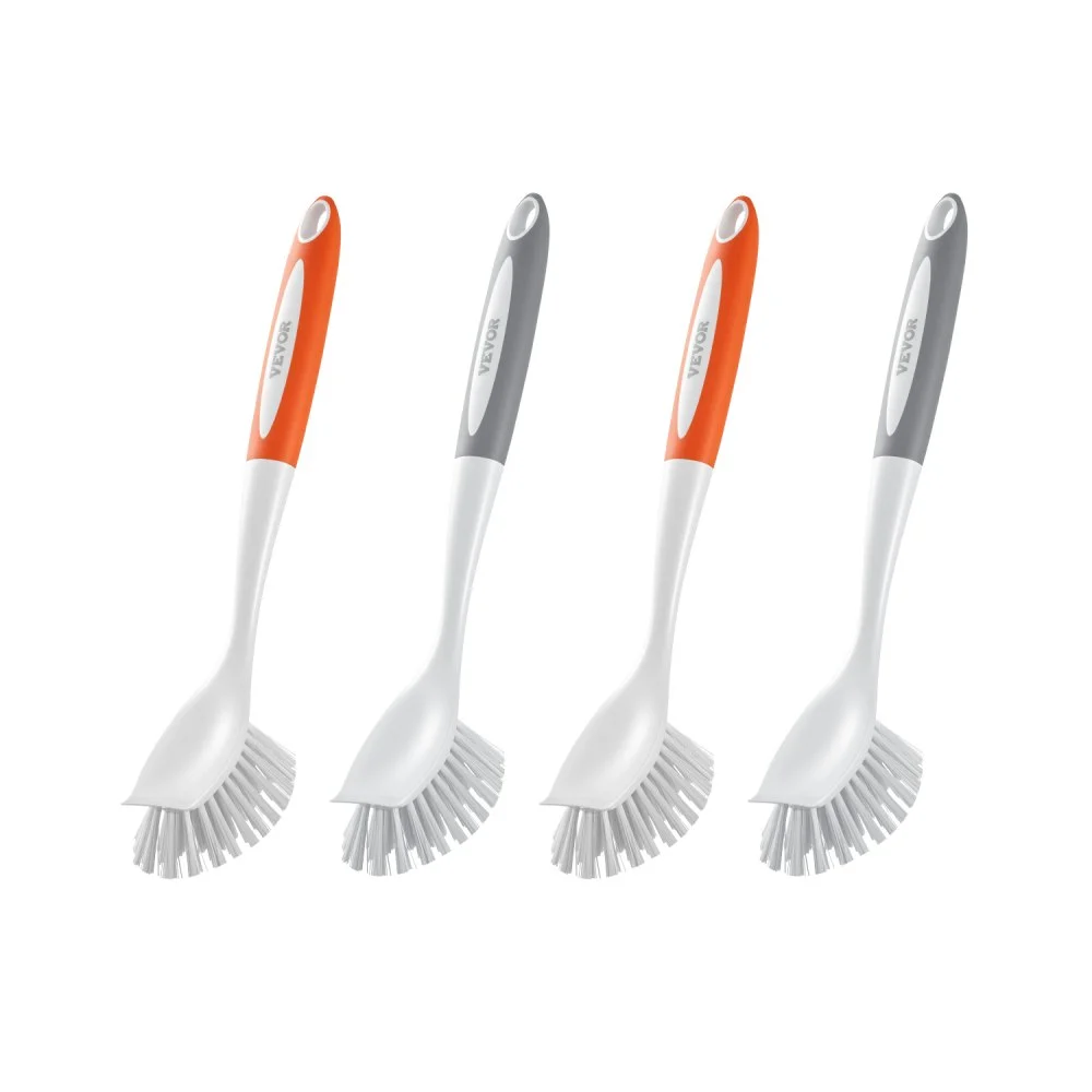 VEVOR Dish Brush, 4 Pack Kitchen Scrub Brushes with PP Handle, Dish Cleaning Brushes with Curved Bristles, Ideal for Pots, Pans, Sink and Stove, 2 Gray + 2 Orange