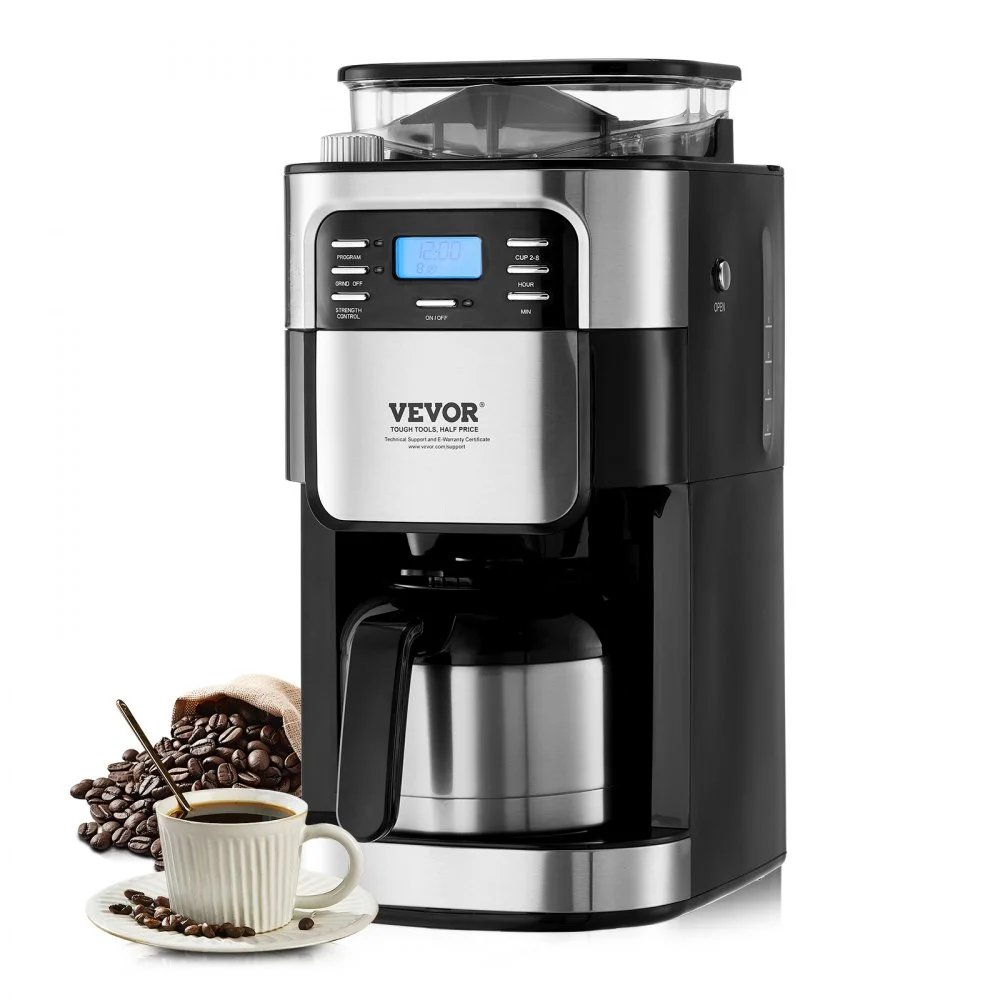 VEVOR Coffee Maker with Grinder, 8 Cup Coffee Machine, Grind and Brew Coffee Maker with 3 Brew Strength Control, 24-Hour Timer for Auto Brew, for Home Office Restaurant