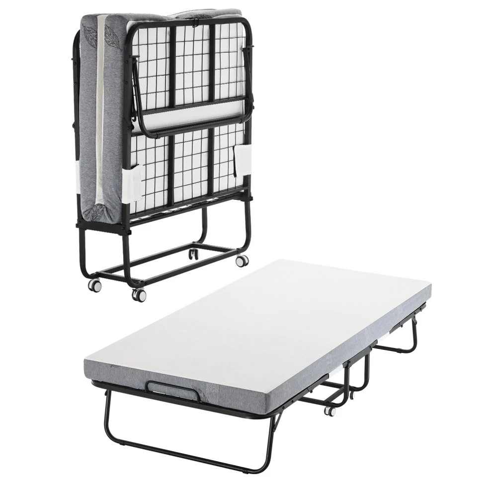 VEVOR Rollaway Bed, 38 in x 75 in Folding Bed with 4 in Mattress, Twin Size Foldable Bed with Sturdy Metal Frame & Memory Foam Mattress, Portable Twin Roll Away Bed with Mattress, for Adults, Guest