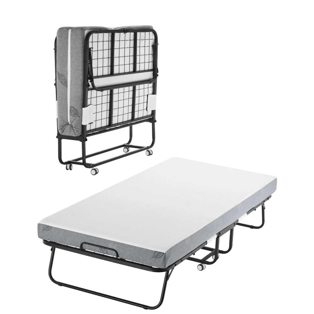 VEVOR Rollaway Bed, 38 in x 75 in Folding Bed with 5 in Mattress, Twin Size Foldable Bed with Sturdy Metal Frame & Memory Foam Mattress, Portable Twin Roll Away Bed with Mattress, for Adults, Guest