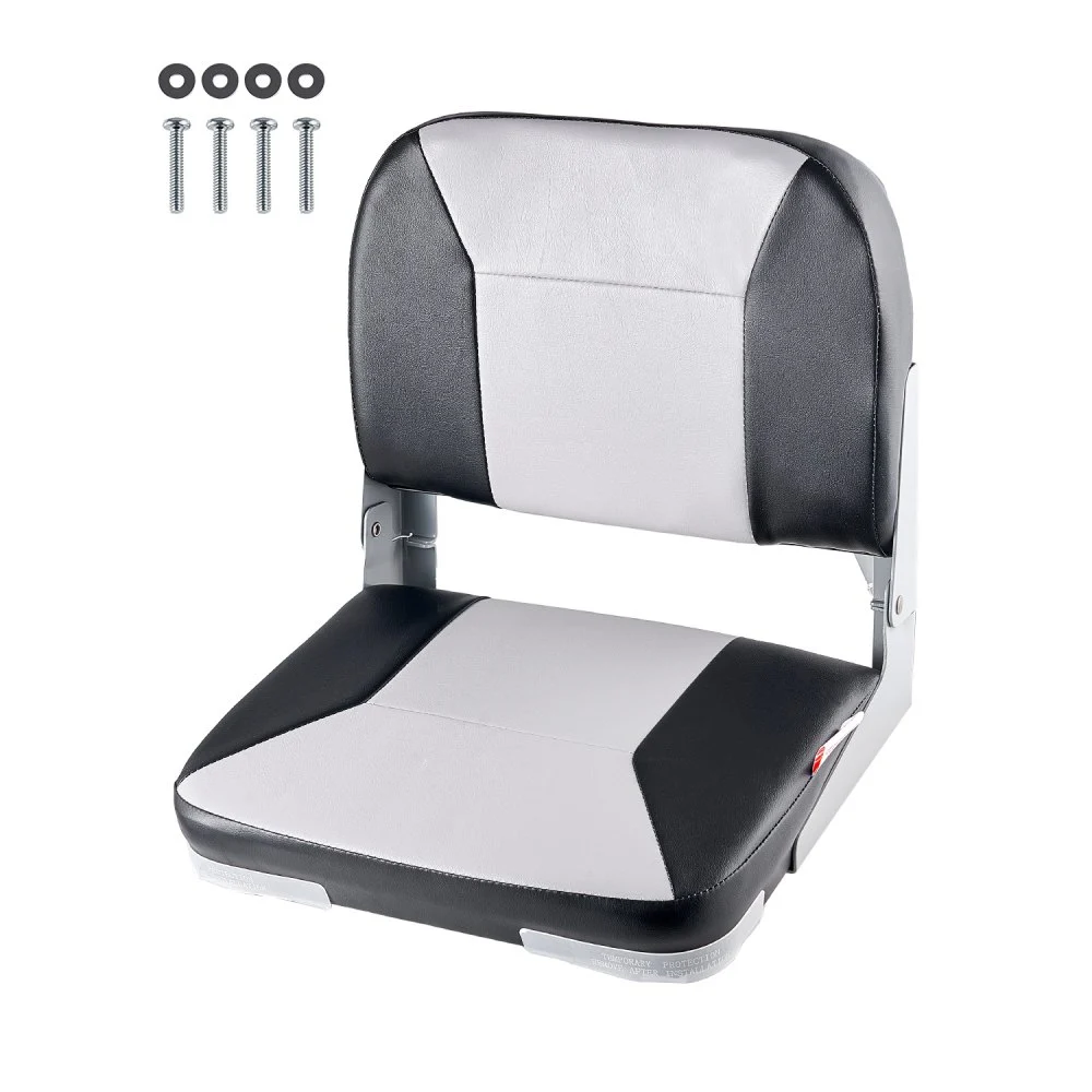 VEVOR Boat Seat, Low Backrest, Folding Fishing Boat Seat with Thickened Sponge Cushion & Waterproof PVC Leather, Aluminum Alloy Hinges, Flip Up Boat Seat for Fishing Boats, Yachts, Ships, Black & Grey