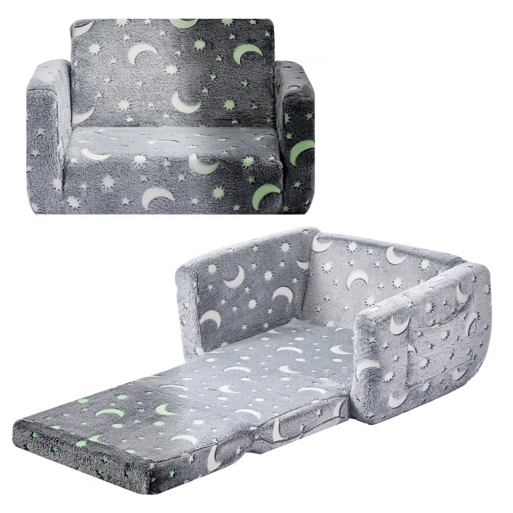 VEVOR 2-in-1 Kids Sofa, Foldable Toddler Soft Couch with Armrests, Glow in the Dark Kids Couch Fold Out with 28D Sponge & Flannel, Convertible Toddler Chair to Lounger for Reading and Gaming, M, Gray