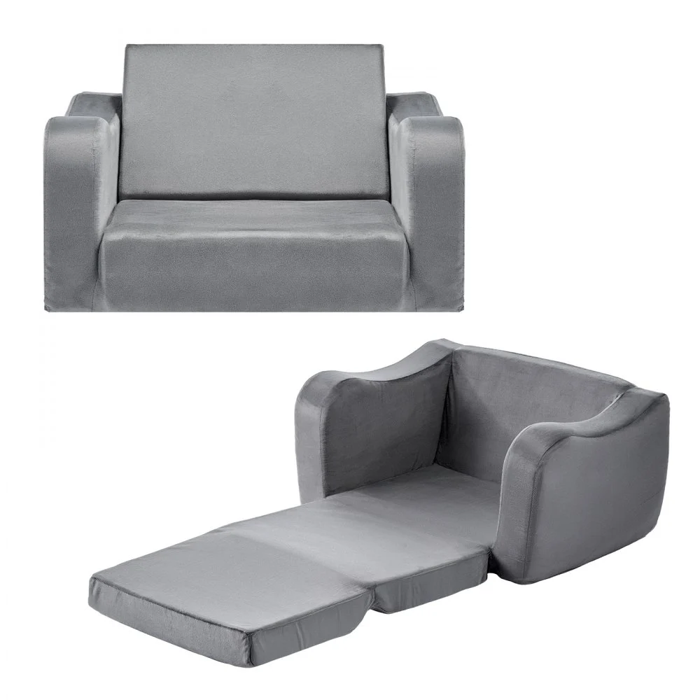 VEVOR 2-in-1 Kids Sofa, Foldable Toddler Soft Couch with Armrests, Made of 28D Sponge & Short Pile, Convertible Toddler Chair to Lounger, Kid Couch Fold Out for Fun Playtime or Comfy Lounging, M, Gray