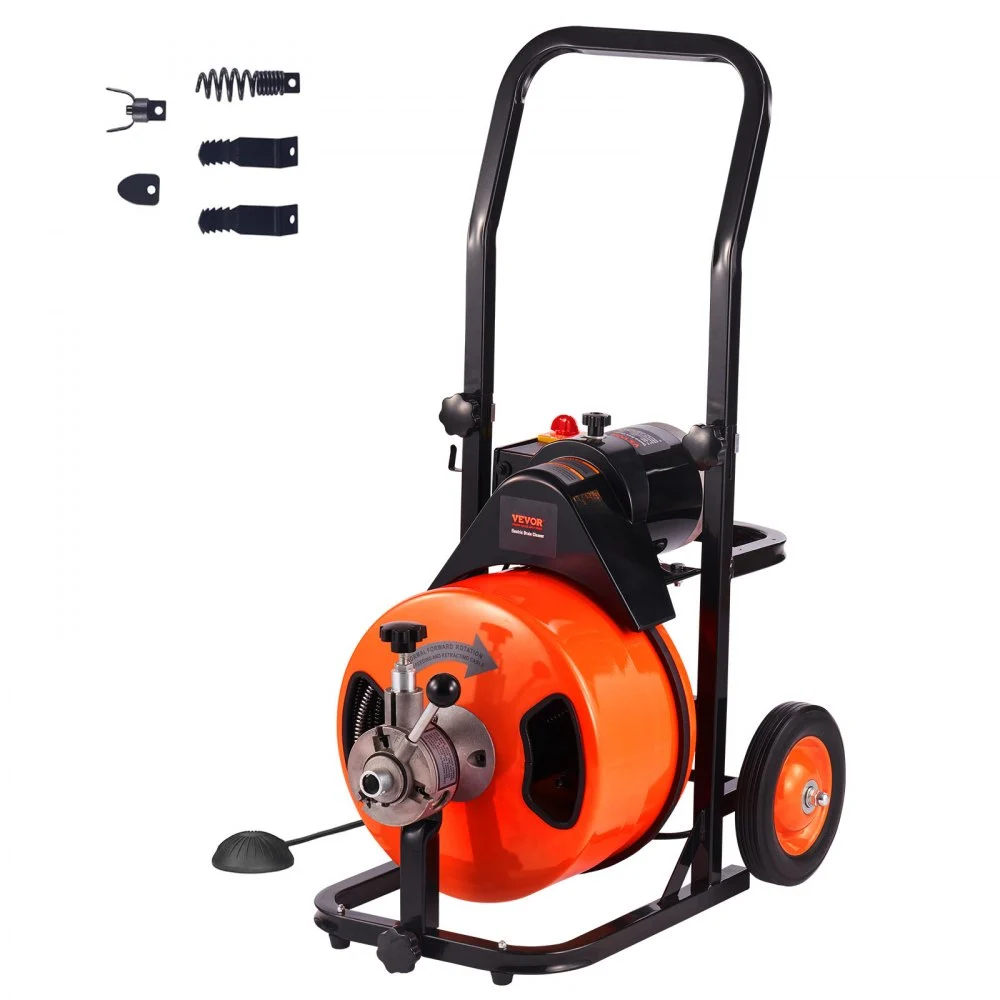 VEVOR Drain Cleaning Machine 75 FT x 1/2 Inch, Sewer Auger Auto Feed with 4 Cutter & Air-activated Foot Switch for 2" to 4" Pipes, Orange, Black