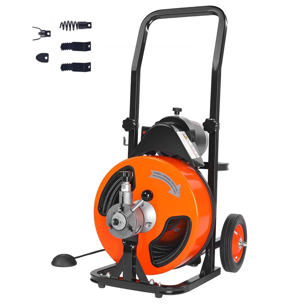 VEVOR Drain Cleaning Machine 100FT x 3/8 Inch, Sewer Snake Machine Auto Feed, Drain Auger Cleaner with 4 Cutter & Air-Activated Foot Switch for 1" to 4" Pipes