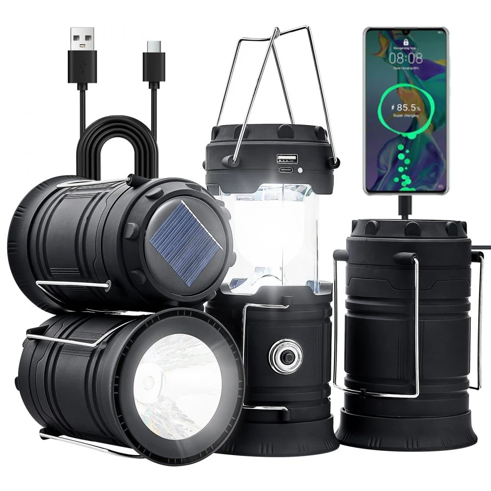 Clearance
VEVOR LED Camping Lanterns, 4 Pack Rechargeable Camping Flashlights, Solar & USB Charging, Portable Collapsible, Bulit to Last Lights, As Power Bank, for Hiking, Hurricane Emergency, Outrages, Fishing