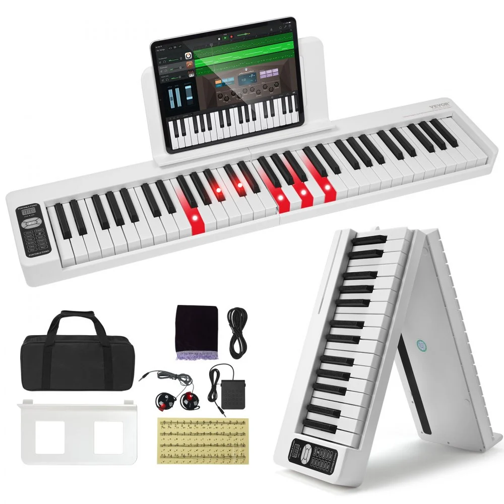 VEVOR 61 Key Folding Keyboard Piano, Bluetooth & MIDI, Portable Electronic Digital Foldable Piano with Sustain Pedal Touch Sensitive Lighted Keys Bag, Rechargeable for Beginners Teens Adults, White